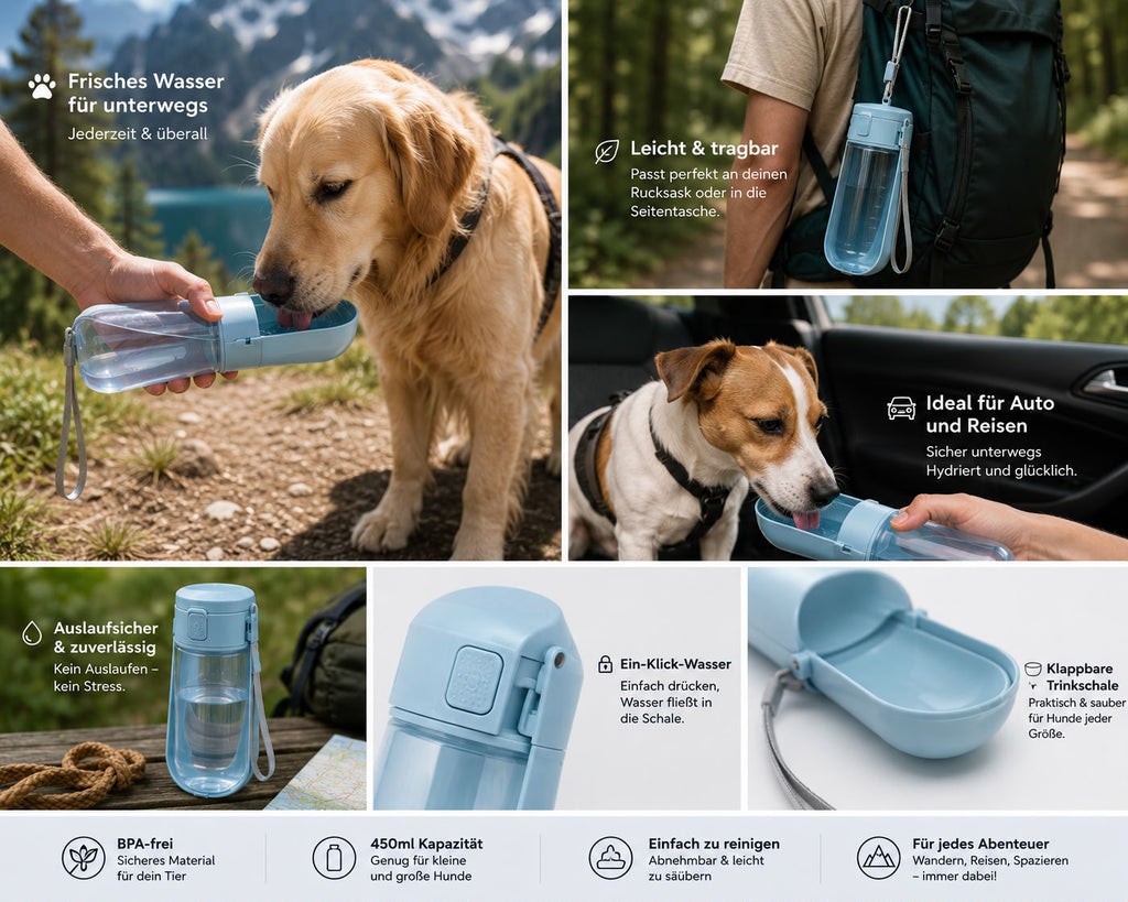 PawFlow™ Mobile Reise-Trinkflasche 450 ml – Frisches Wasser für unterwegs