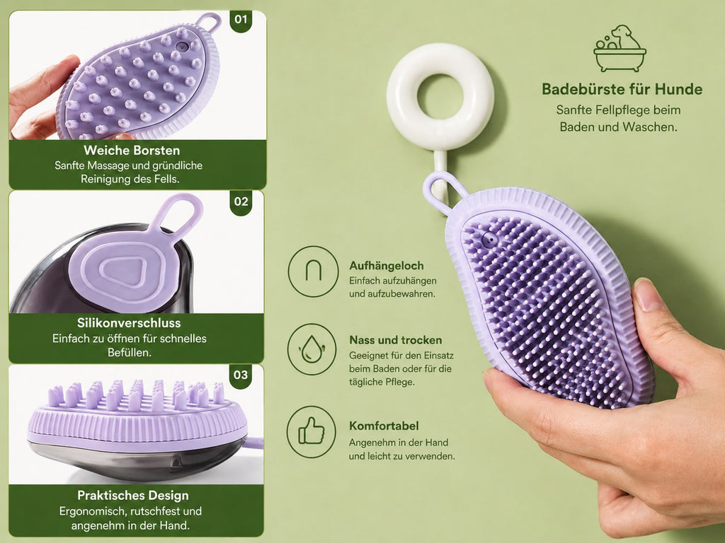 PawFlow Silikon-Fellpflegebürste mit Shampoo-Spender für Hunde & Katzen