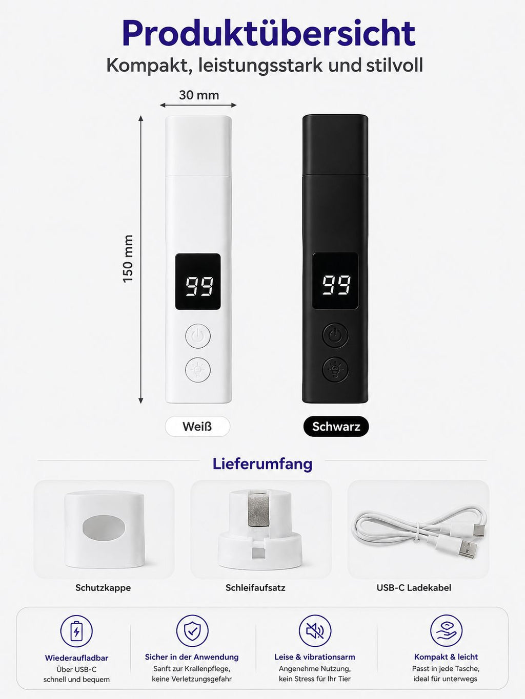 PawFlow Krallenschleifer Pro für Hunde & Katzen – Leise, USB-C & LED-Licht