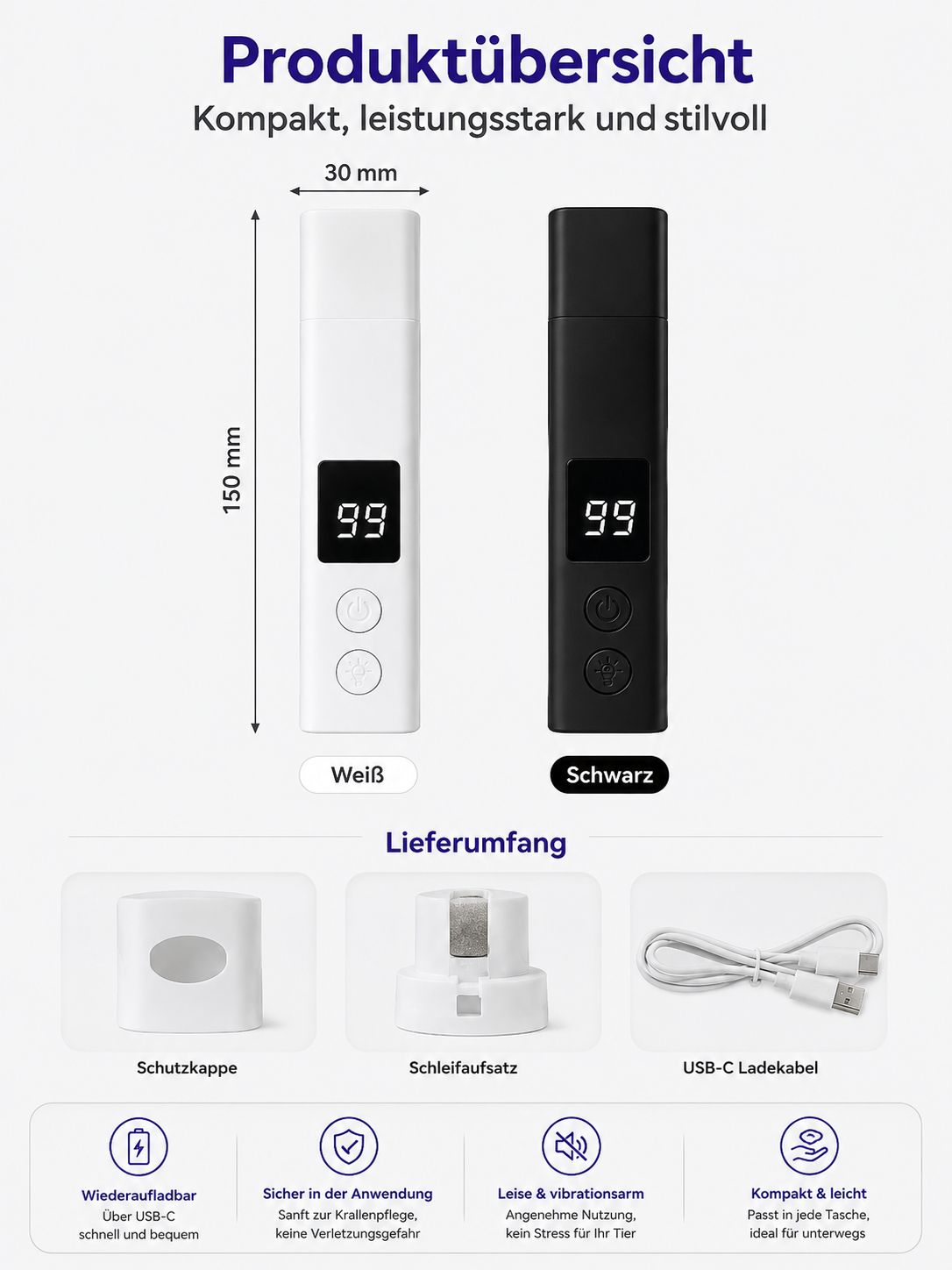 PawFlow Krallenschleifer Pro für Hunde & Katzen – Leise, USB-C & LED-Licht