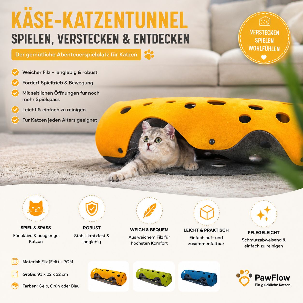 PawFlow Käse-Katzentunnel aus Filz – Verstecken, Spielen & Entdecken