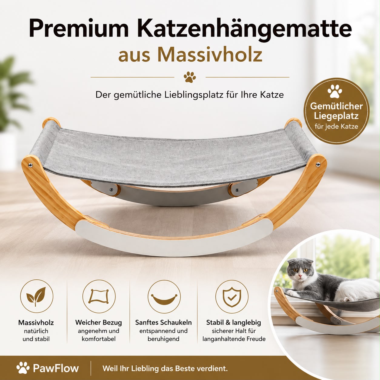 PawFlow Premium Katzenhängematte aus Massivholz