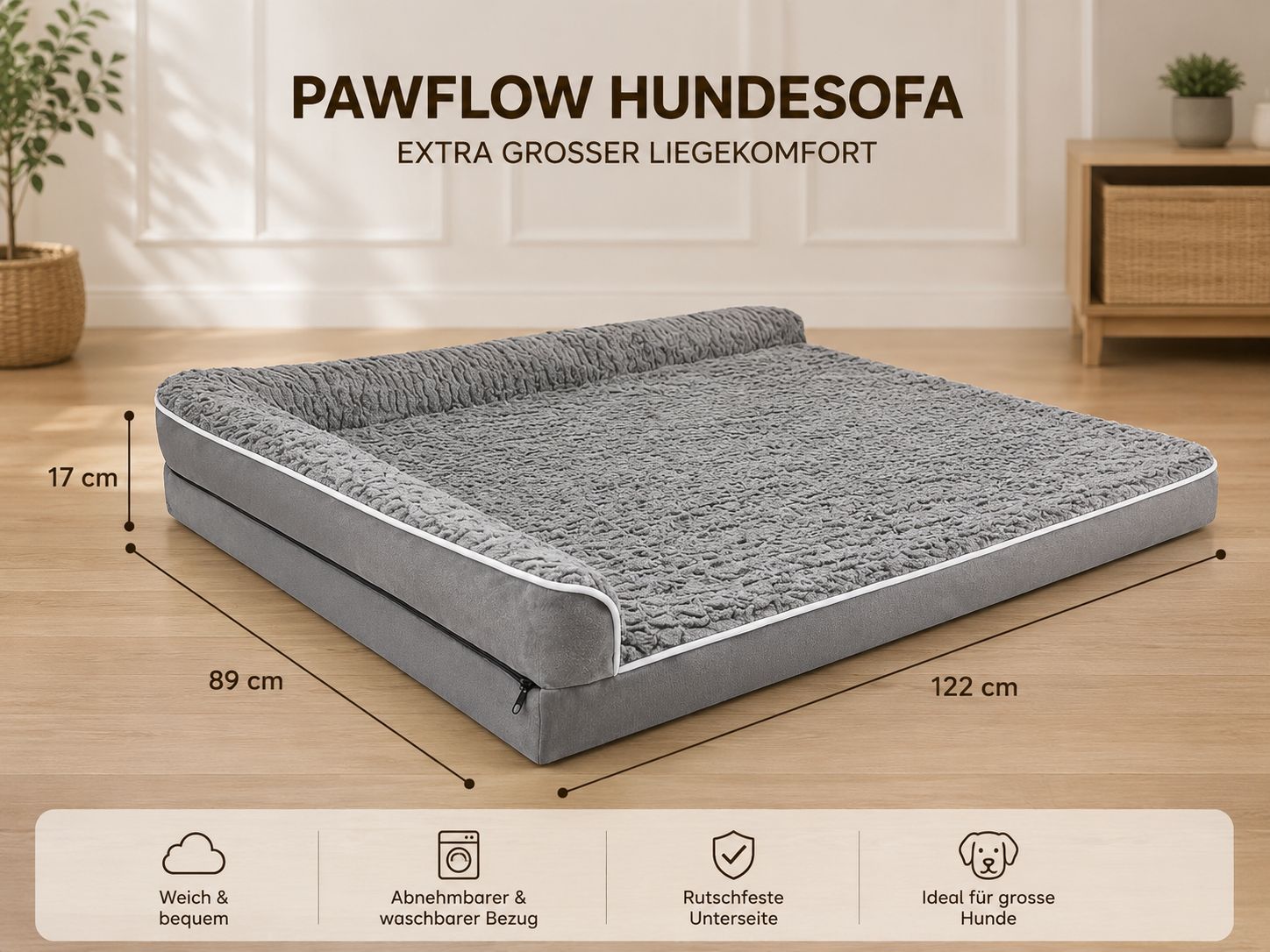 PawFlow Orthopädisches Hundesofa XXL - Extra grosser Liegekomfort & waschbarer Bezug