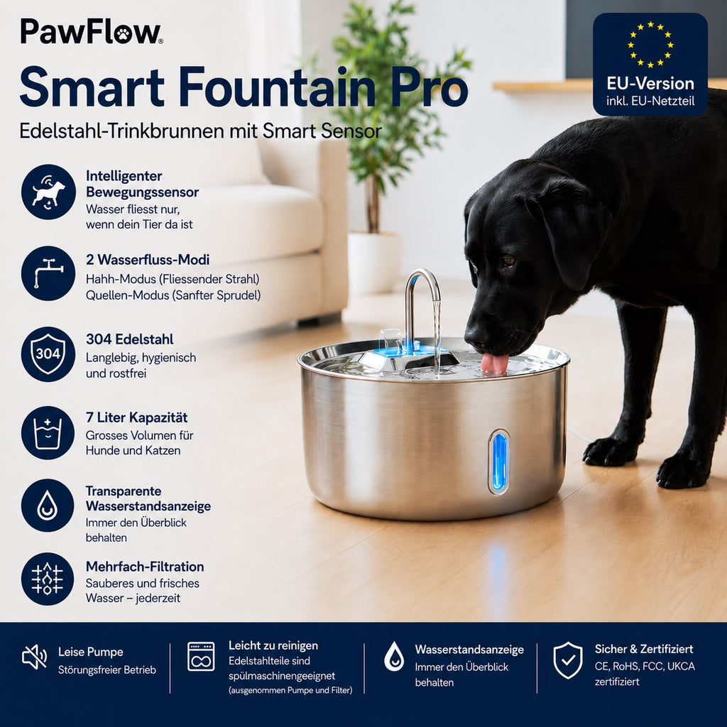 PawFlow Smart Fontain Pro – Edelstahl Haustier-Wasserspender