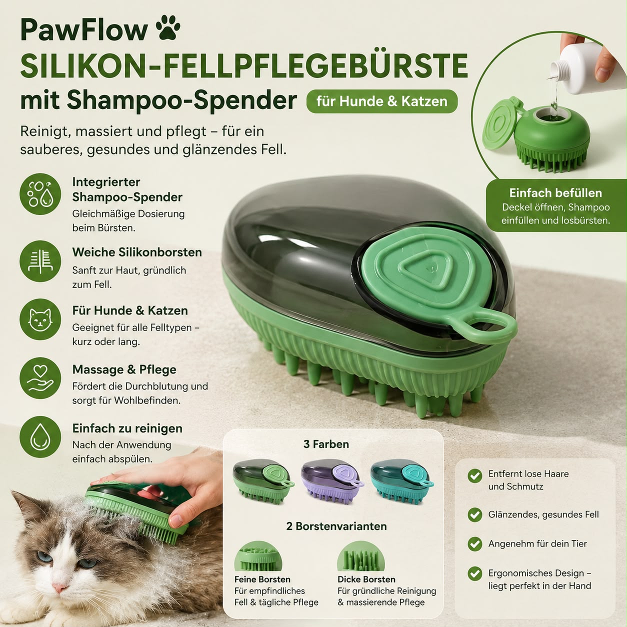 PawFlow Silikon-Fellpflegebürste mit Shampoo-Spender für Hunde & Katzen