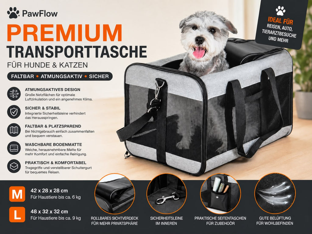 PawFlow Premium Transporttasche für Hunde & Katzen – faltbar & atmungsaktiv