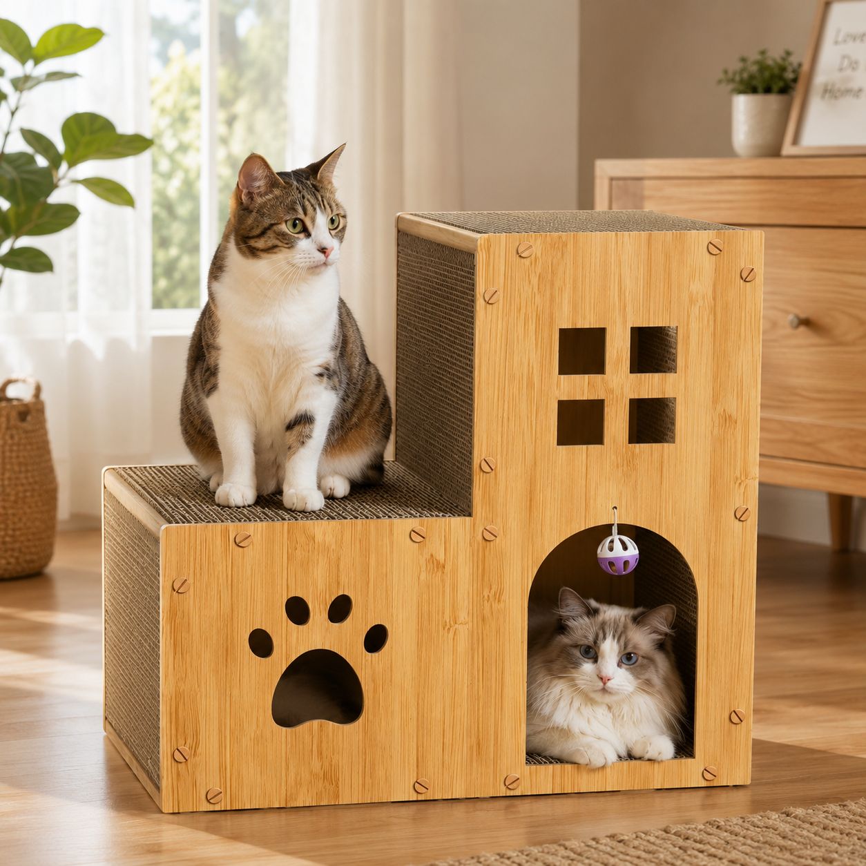 PawFlow Katzen-Kratzmöbel 4-in-1 aus Wellpappe – Kratzen, Spielen, Verstecken & Entspannen