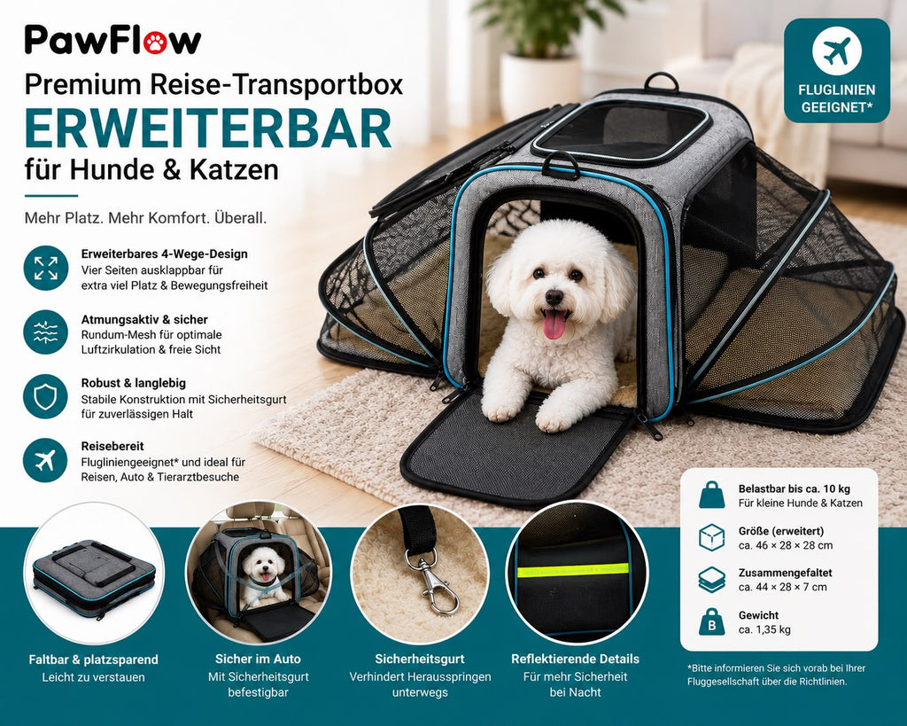 PawFlow Premium Reise-Transportbox für Hunde & Katzen – Erweiterbar