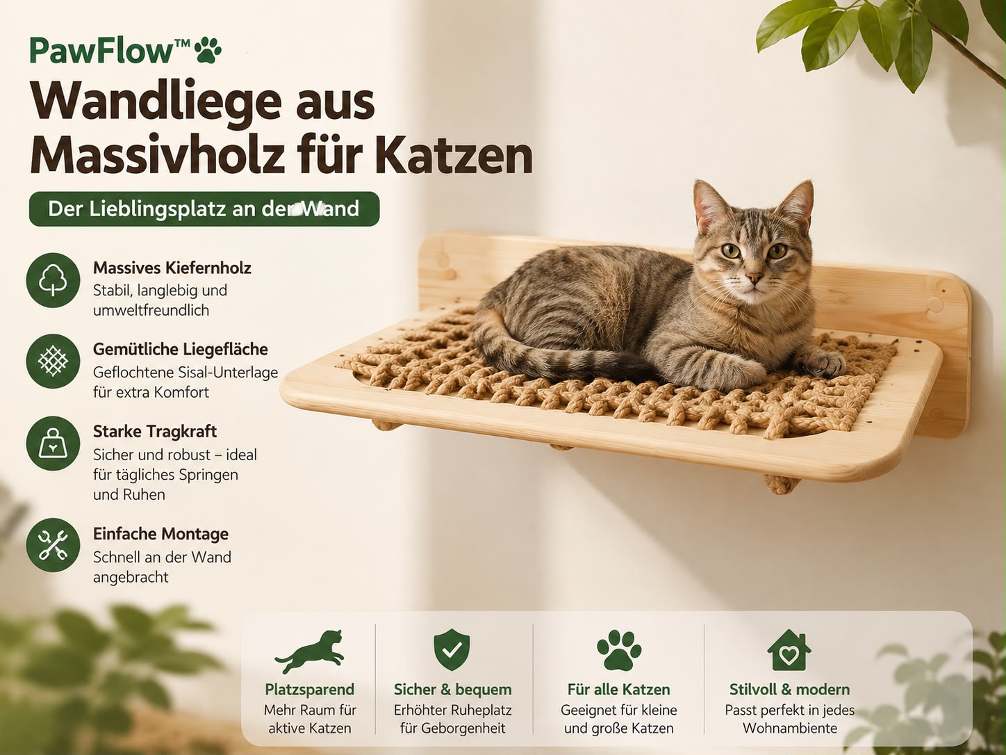 PawFlow Wandliege aus Massivholz für Katzen