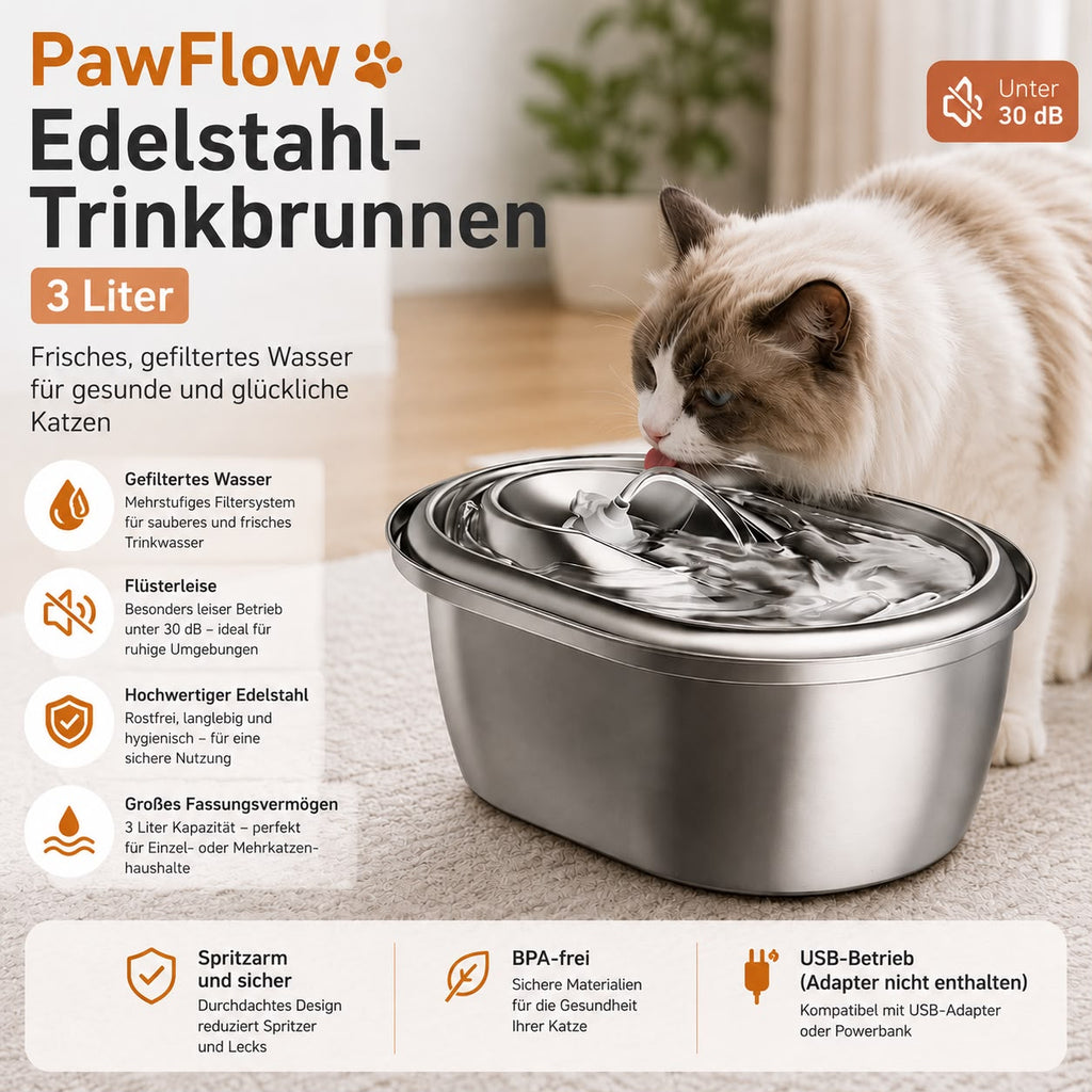 PawFlow Edelstahl-Trinkbrunnen 3 L