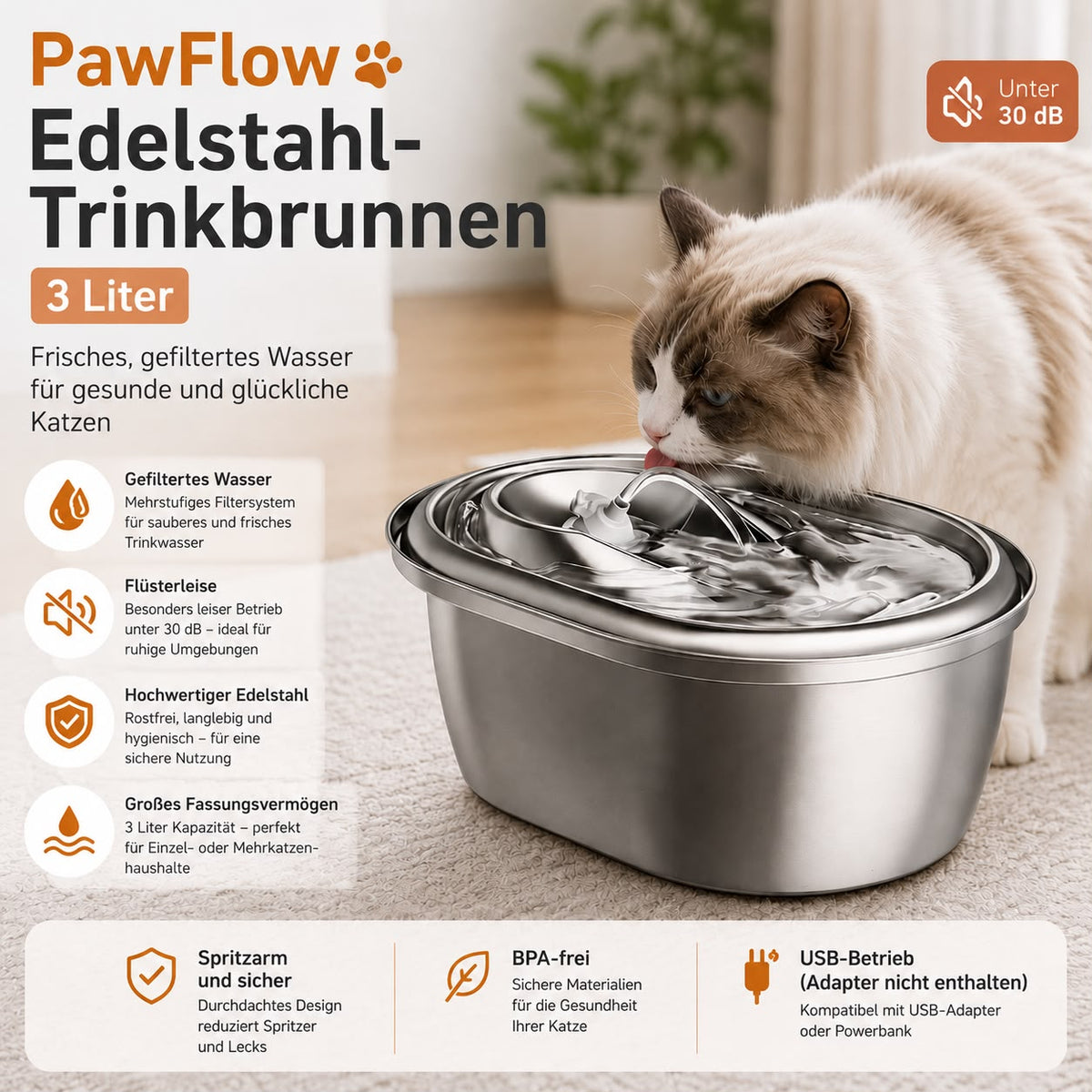 PawFlow Edelstahl-Trinkbrunnen 3 L