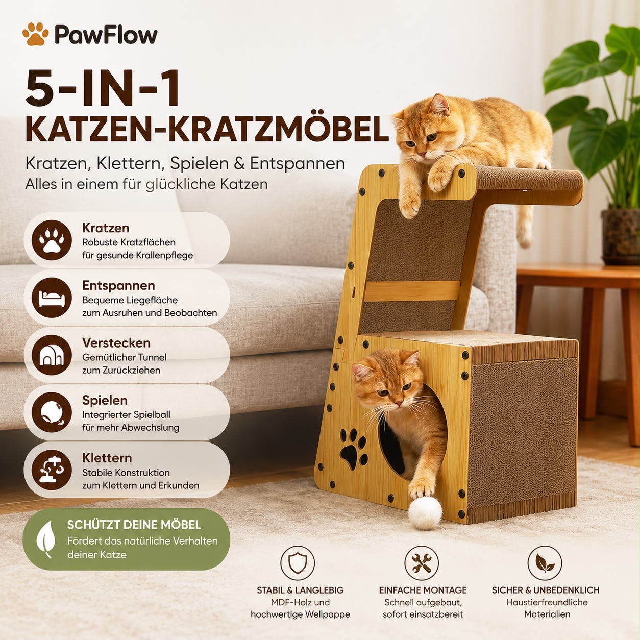 PawFlow 5-in-1 Katzen-Kratzmöbel mit Liegefläche, Tunnel und Kratzpappe