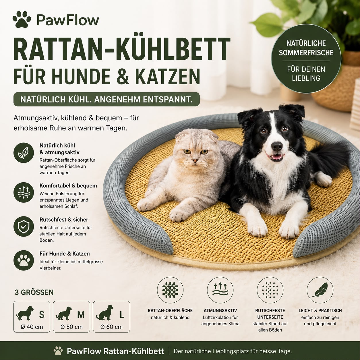 PawFlow Rattan-Kühlbett für Hunde & Katzen – Atmungsaktiv, kühl & besonders bequem