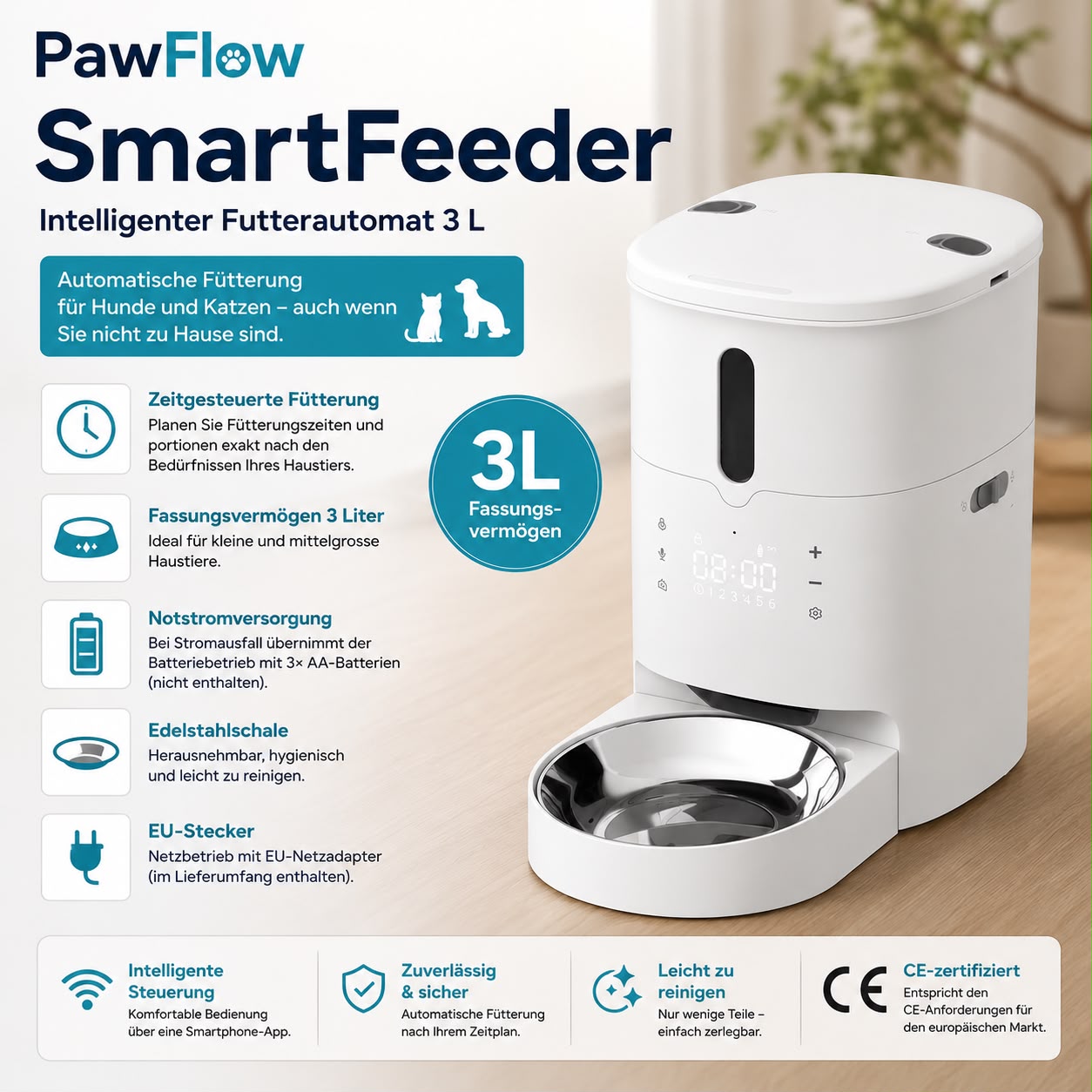 PawFlow SmartFeeder – Automatischer Futterautomat 3 L