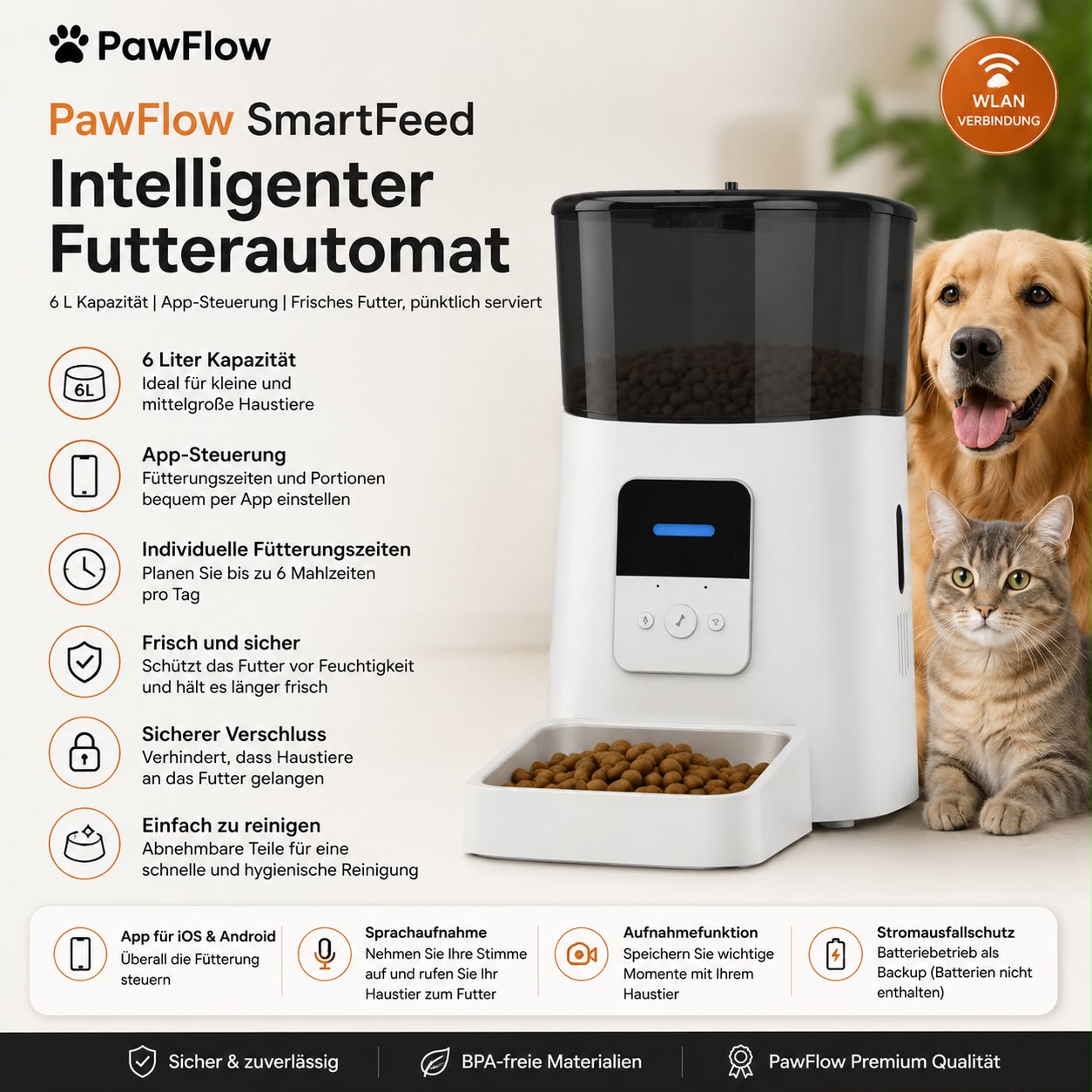PawFlow SmartFeed – Automatischer Futterspender 6 L mit App-Steuerung