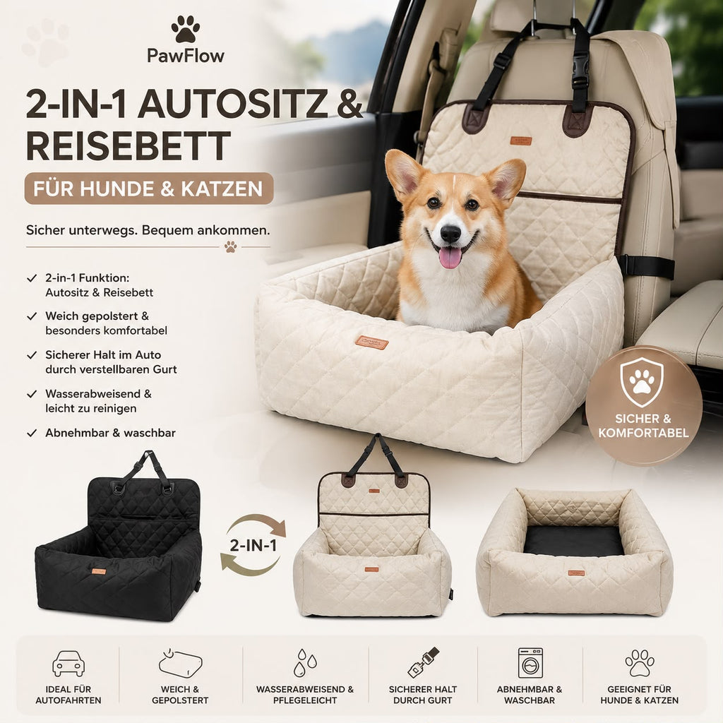 PawFlow 2-in-1 Autositz & Reisebett für Hunde und Katzen