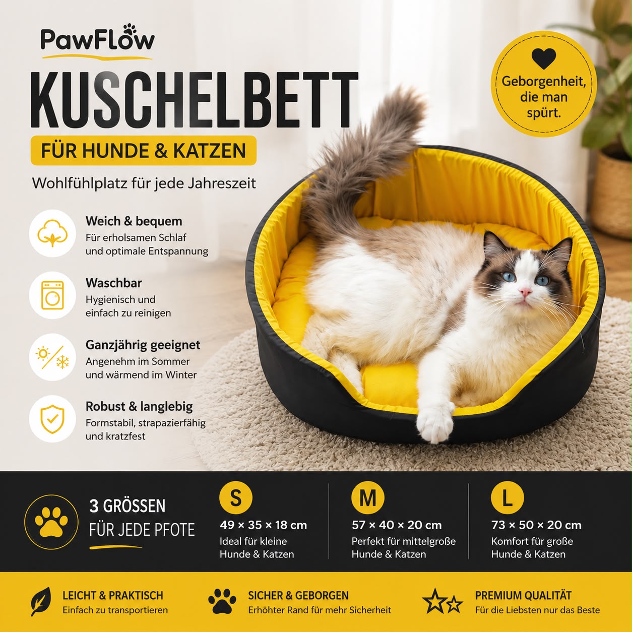 PawFlow Kuschelbett – Waschbares Wohlfühlbett für Hunde & Katzen