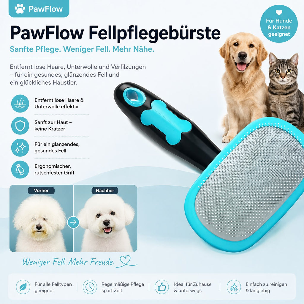 PawFlow Fellpflegebürste für Hunde & Katzen – Sanfte Massage & glänzendes Fell