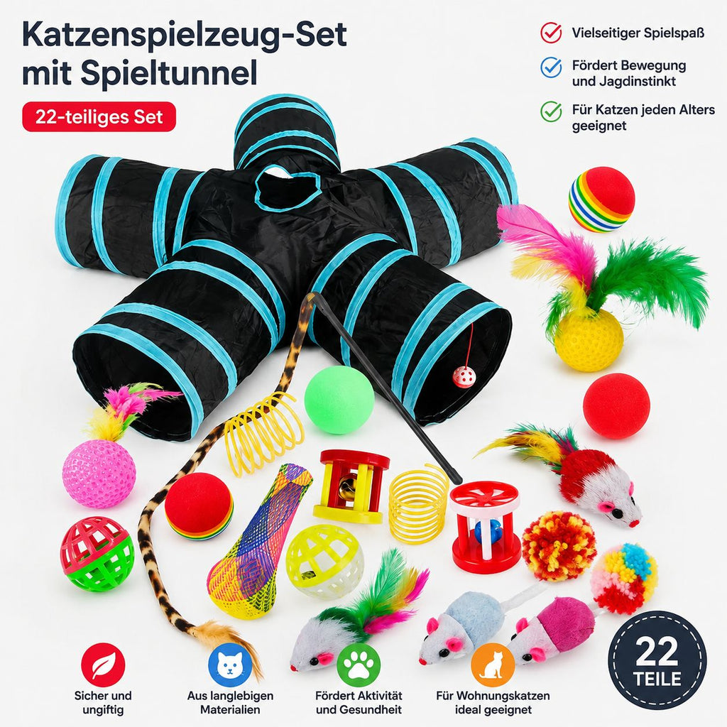 PawFlow 22-teiliges Katzen-Spielset mit Spieltunnel & Zubehör
