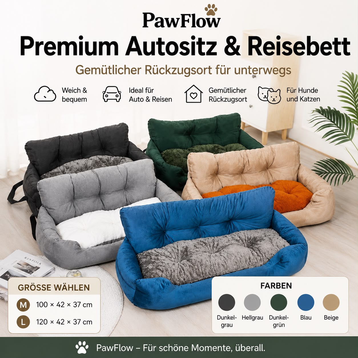PawFlow Premium Autositz & Reisebett für Hunde und Katzen