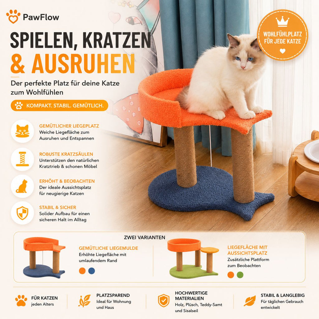PawFlow Katzen-Liegeplatz mit Kratzsäulen – Spielen, Kratzen & Entspannen
