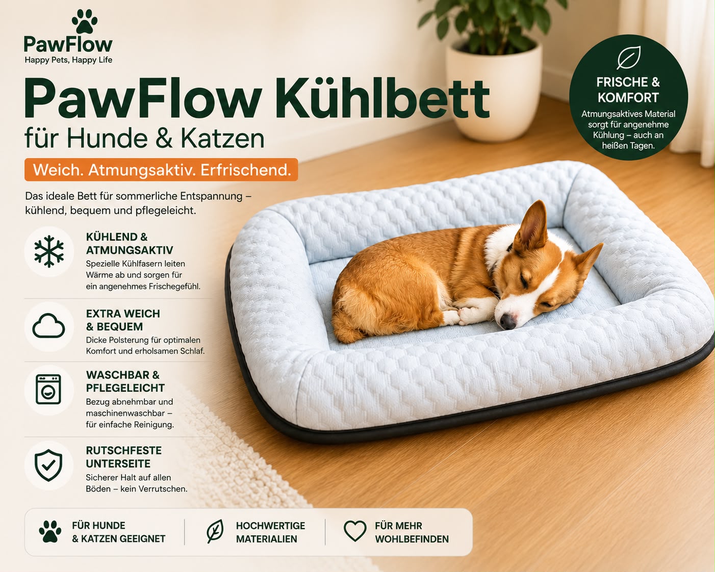 PawFlow Kühlbett für Hunde & Katzen – Weich, atmungsaktiv & waschbar