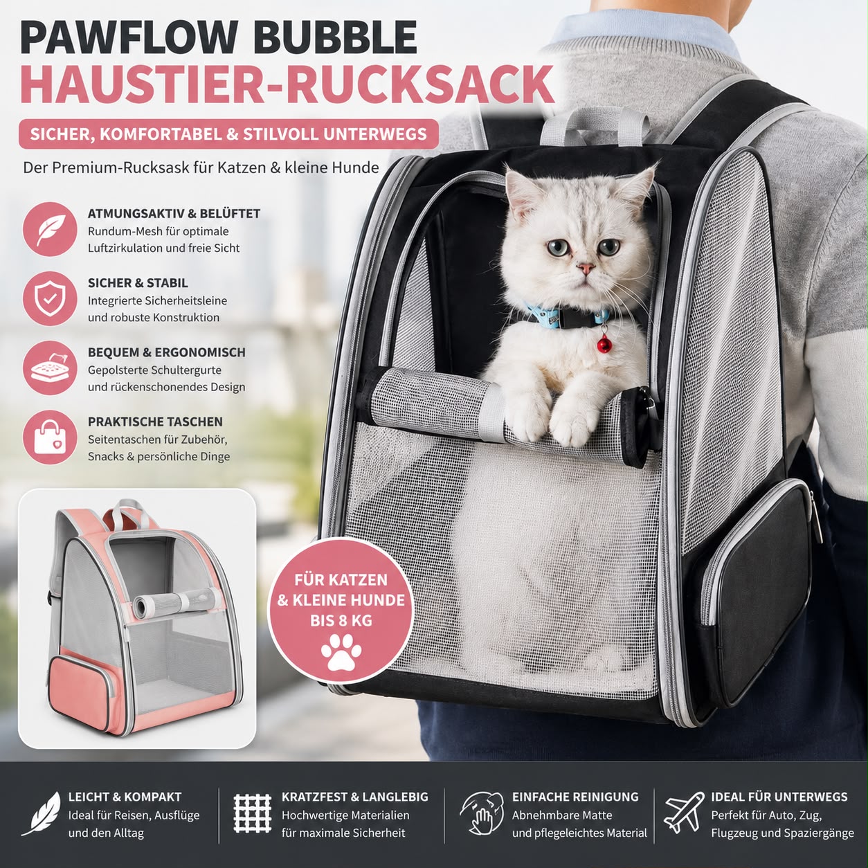 PawFlow Bubble Premium Haustier-Rucksack für Hunde & Katzen