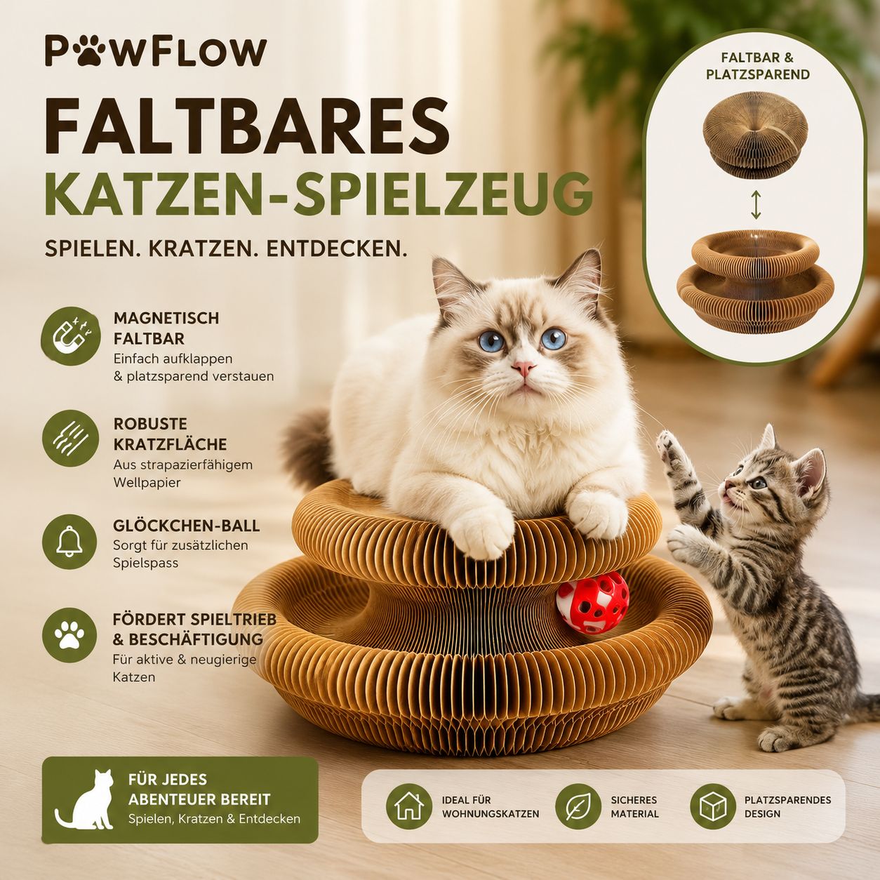 PawFlow Faltbares Katzen-Spielzeug mit Kratzfläche & Glöckchen – Spielen, Kratzen & Entdecken