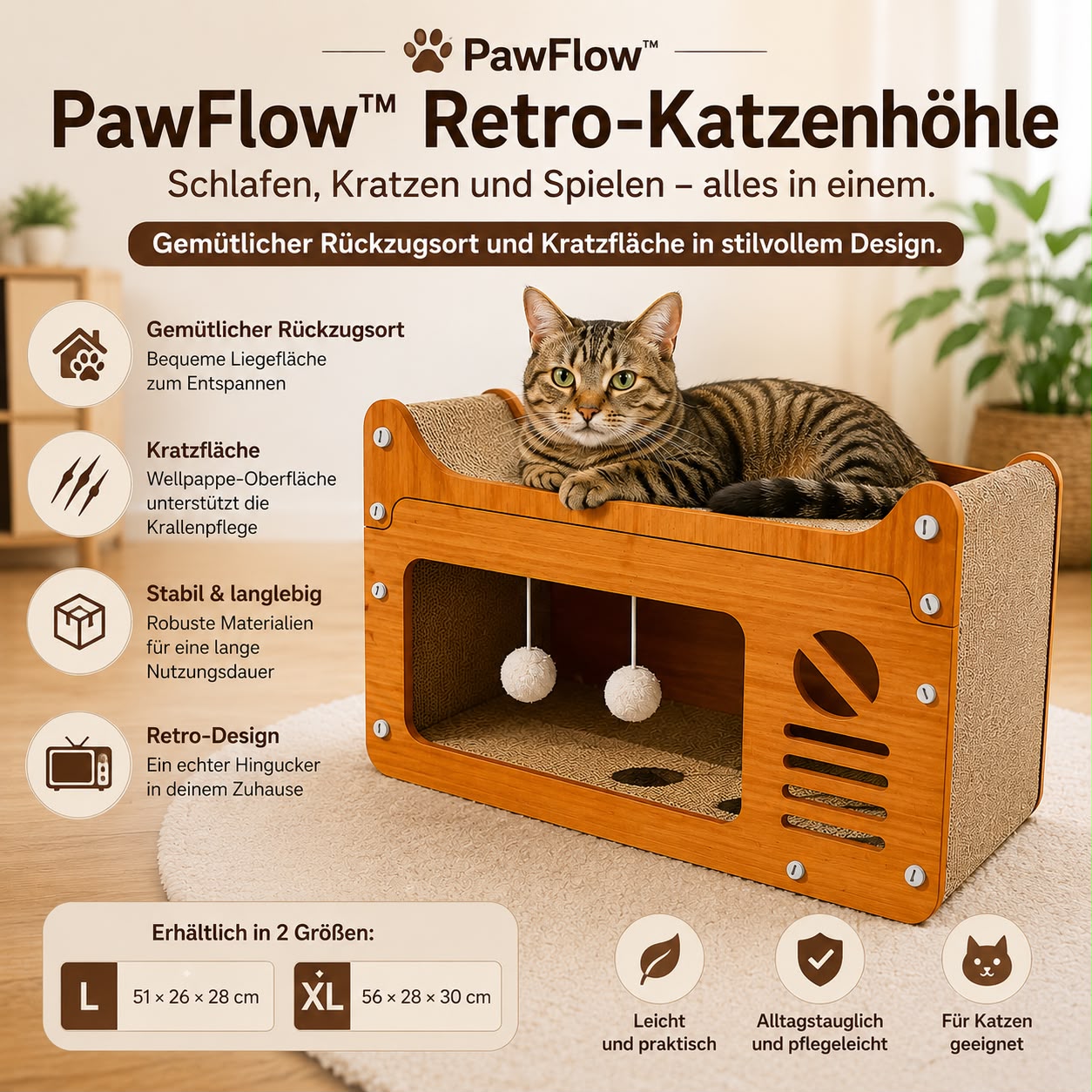PawFlow Retro-Katzenhöhle mit Kratzfläche & Spielbällen