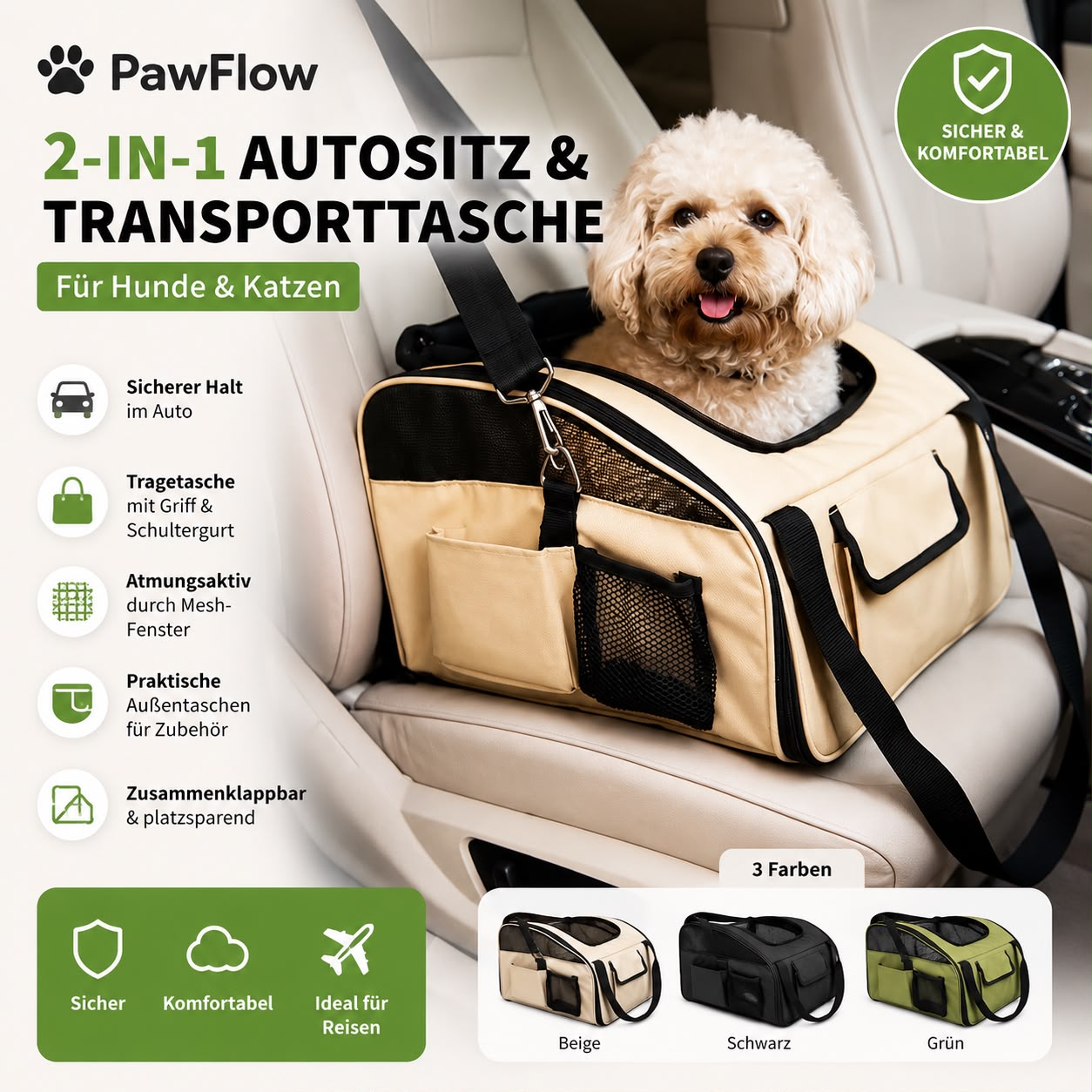 PawFlow Premium Auto-Transporttasche für Hunde & Katzen