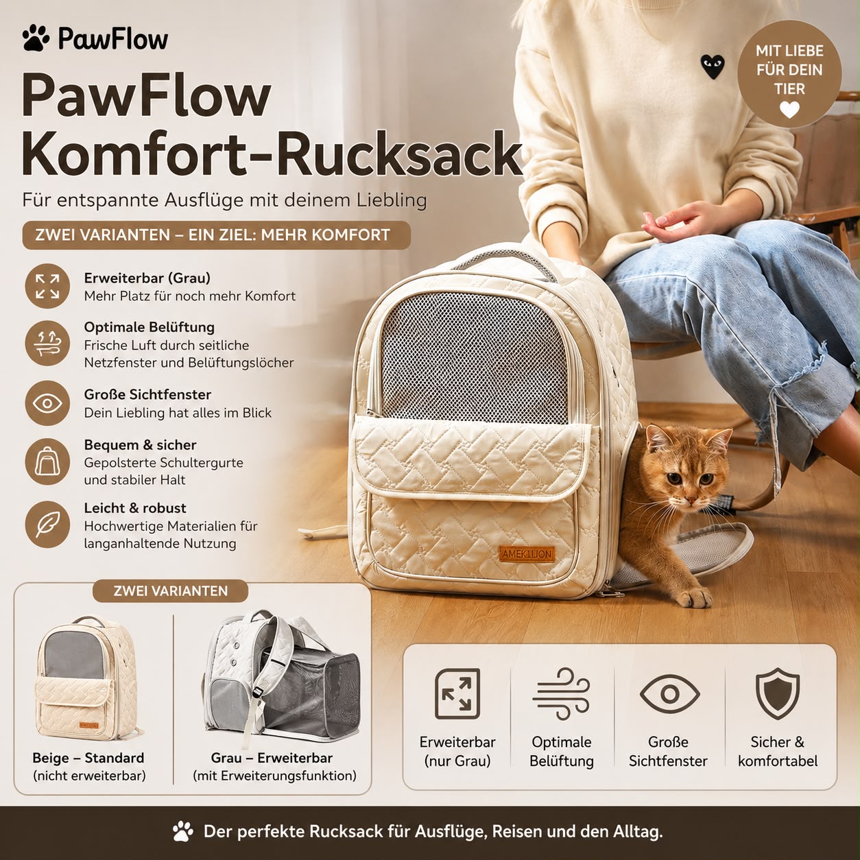 PawFlow Komfort-Rucksack – Atmungsaktiv & Komfortabel