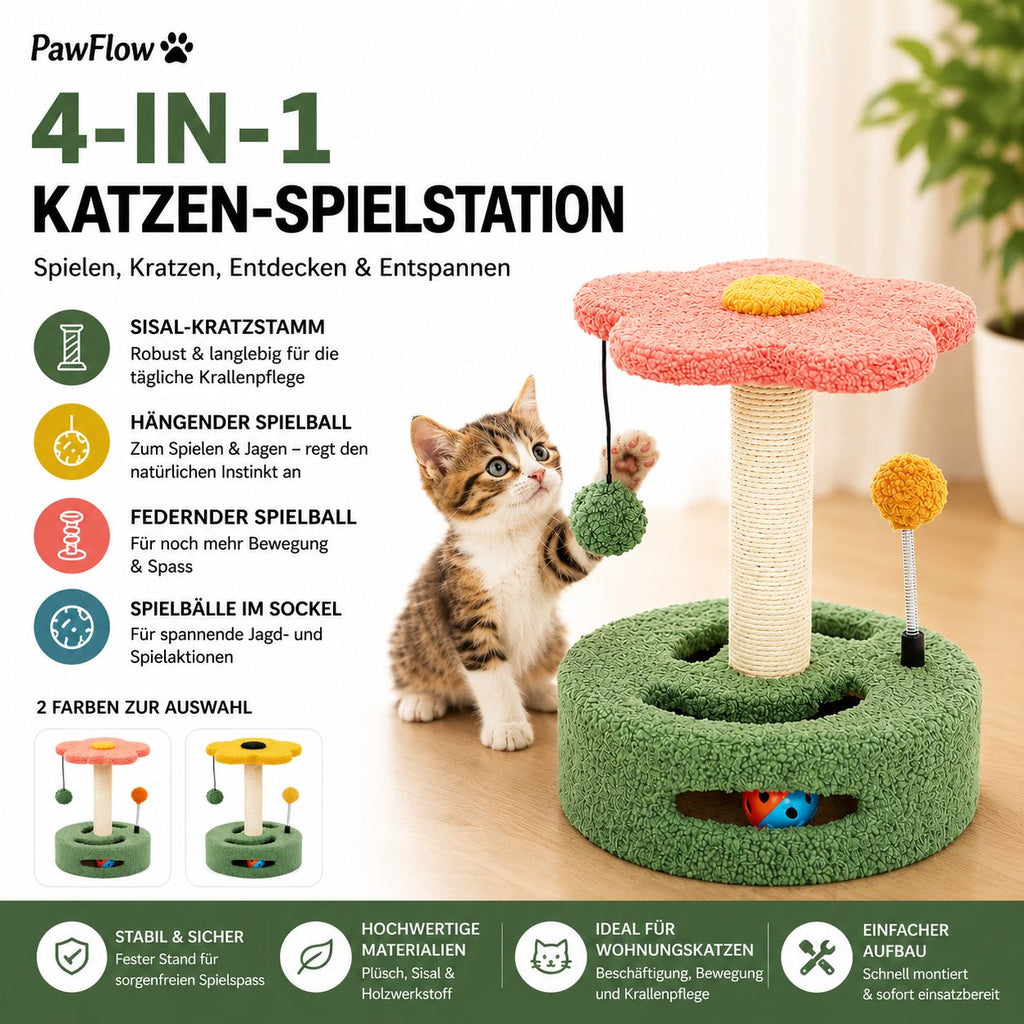PawFlow 4-in-1 Katzen-Spielstation mit Sisal-Kratzstamm und verschiedenen Spielbällen – Spielen, Kratzen & Entdecken