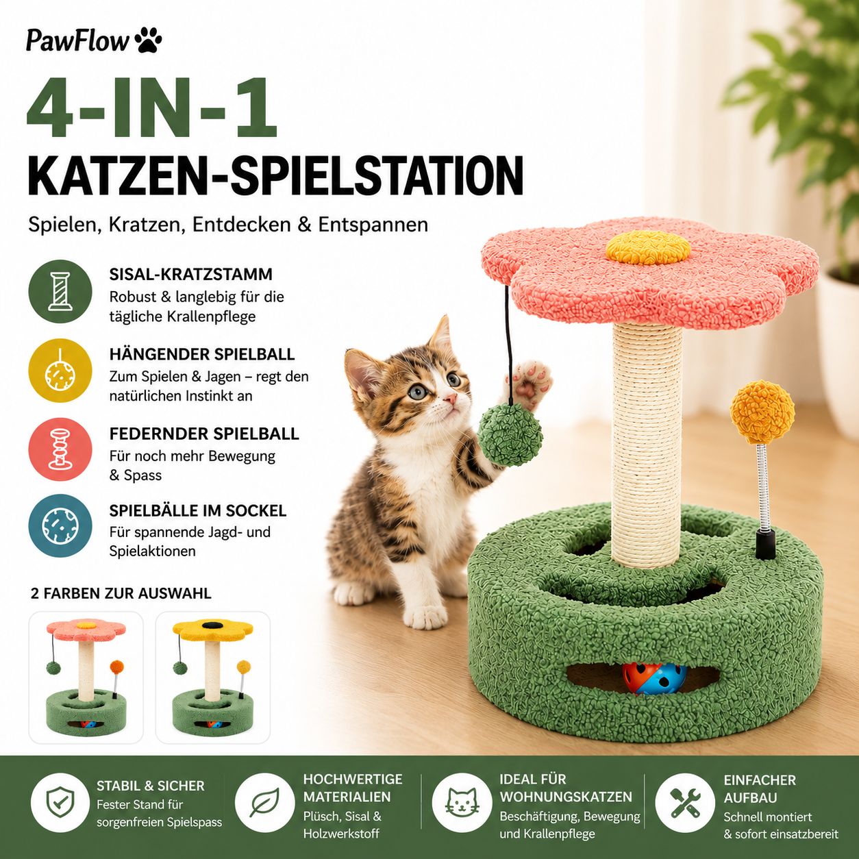 PawFlow 4-in-1 Katzen-Spielstation mit Sisal-Kratzstamm und verschiedenen Spielbällen – Spielen, Kratzen & Entdecken