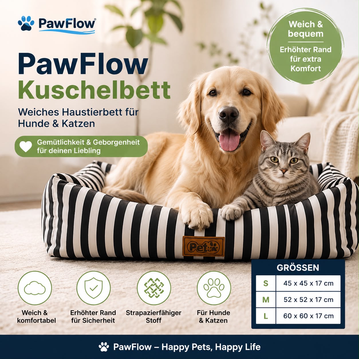 PawFlow Kuschelbett für Hunde & Katzen – Weiches Haustierbett mit erhöhtem Rand