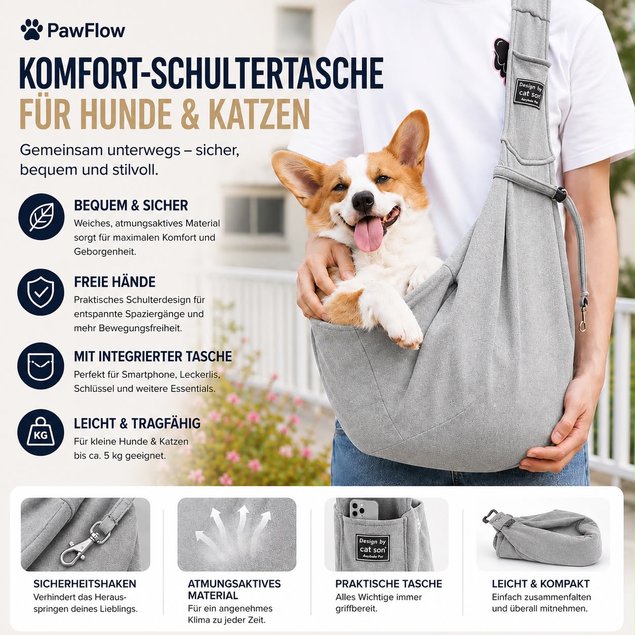 PawFlow Komfort-Schultertasche für Hunde & Katzen