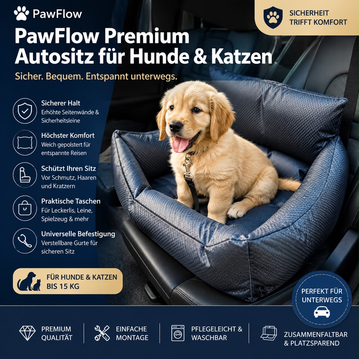 PawFlow Premium Autositz für Hunde & Katzen