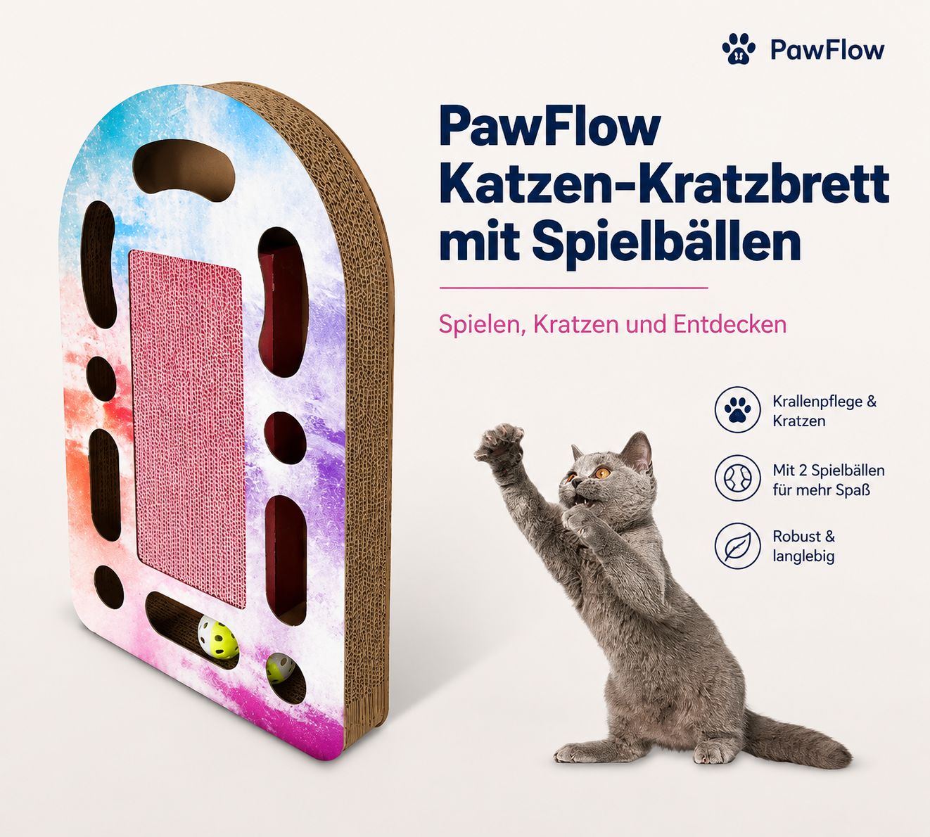 PawFlow Katzen-Kratzbrett mit Spielbällen – Interaktive Kratzwand für Katzen