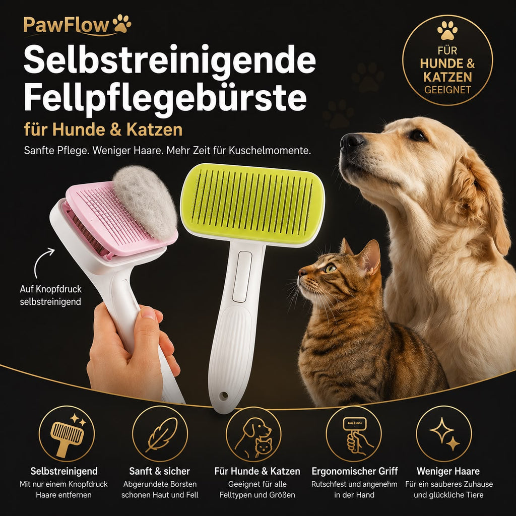 PawFlow Selbstreinigende Fellpflegebürste für Hunde & Katzen