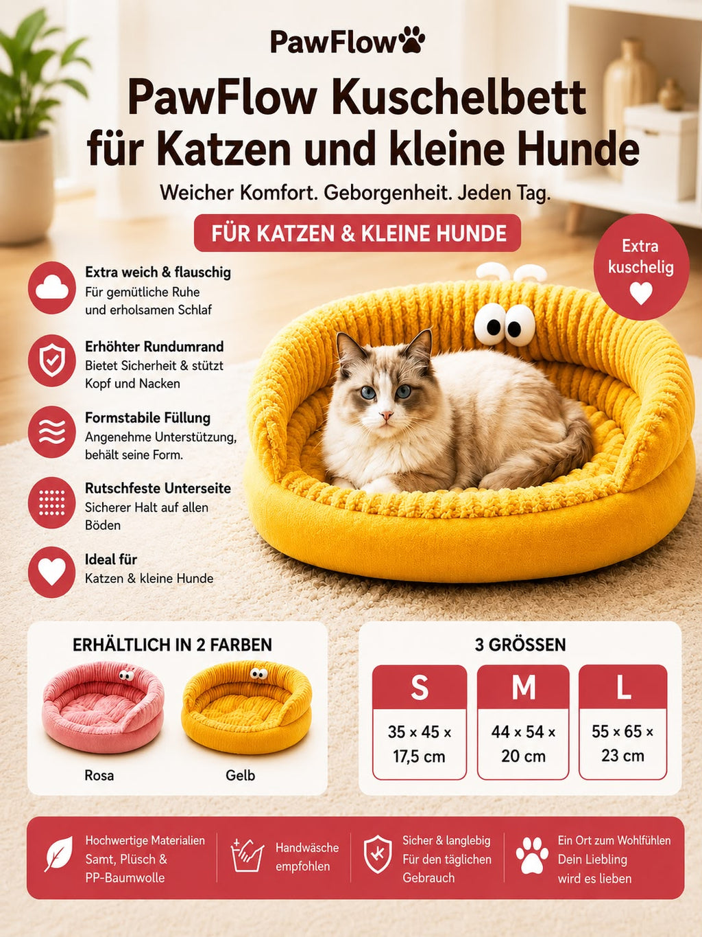 PawFlow Kuschelbett für Katzen & kleine Hunde