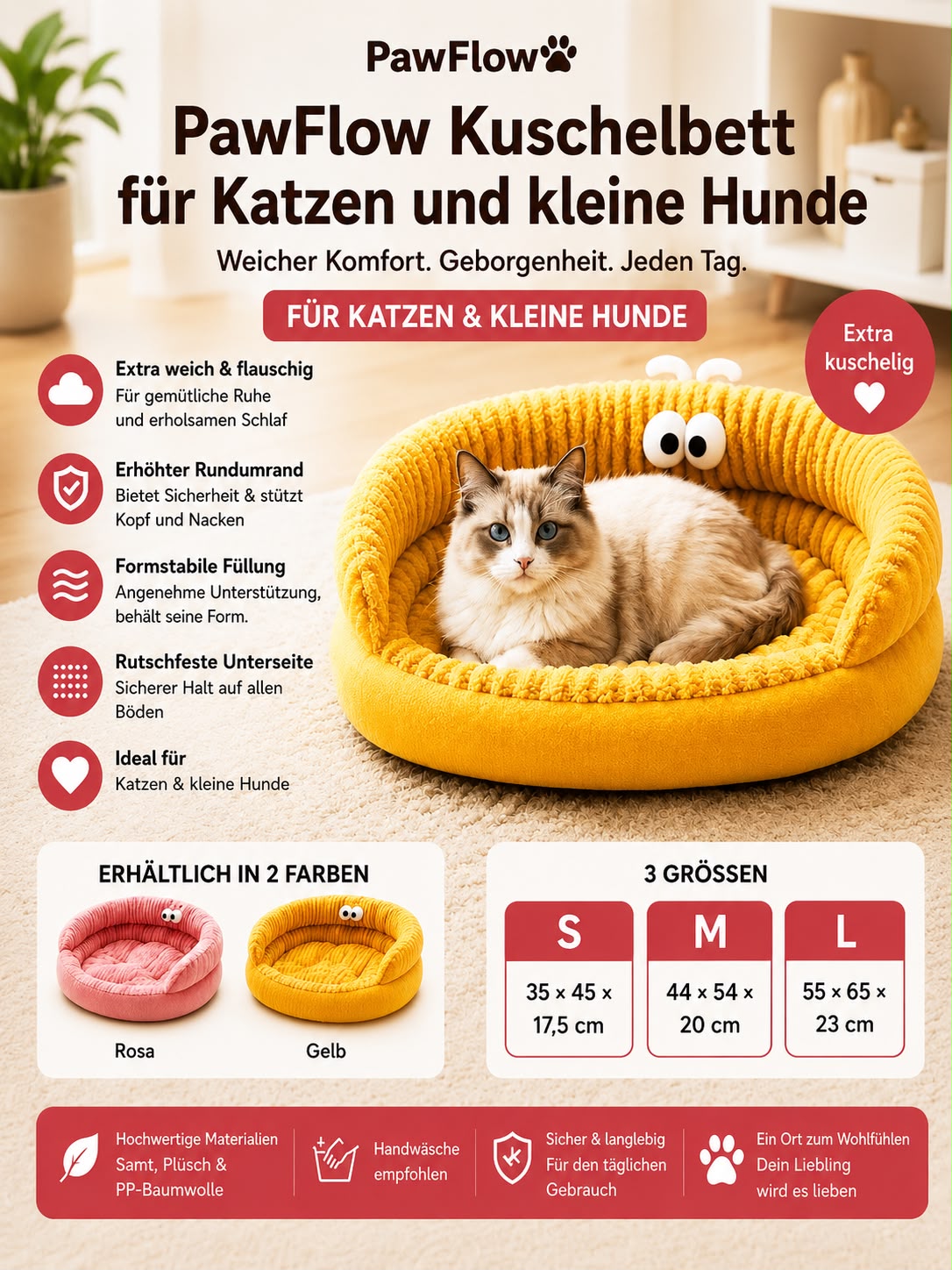 PawFlow Kuschelbett für Katzen & kleine Hunde
