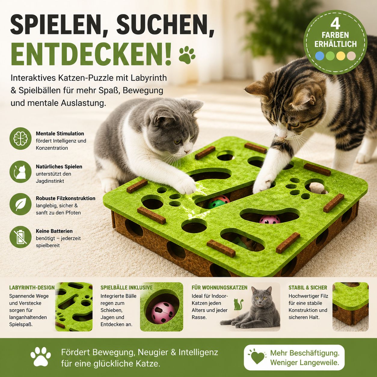 PawFlow Interaktives Katzen-Puzzle mit Labyrinth & Spielbällen – Suchen, Jagen & Entdecken