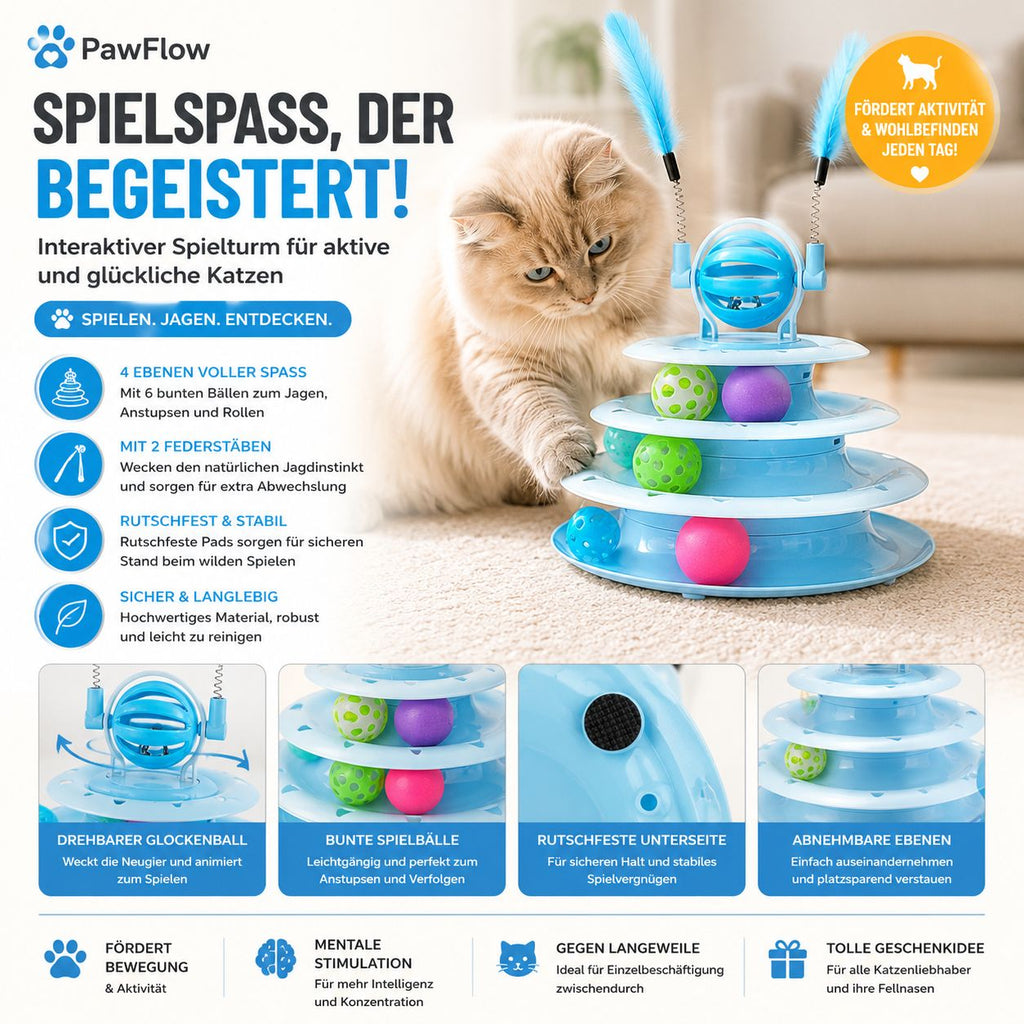 PawFlow Interaktiver Katzen-Spielturm mit Bällen & Federstäben – Spielen, Jagen & Entdecken