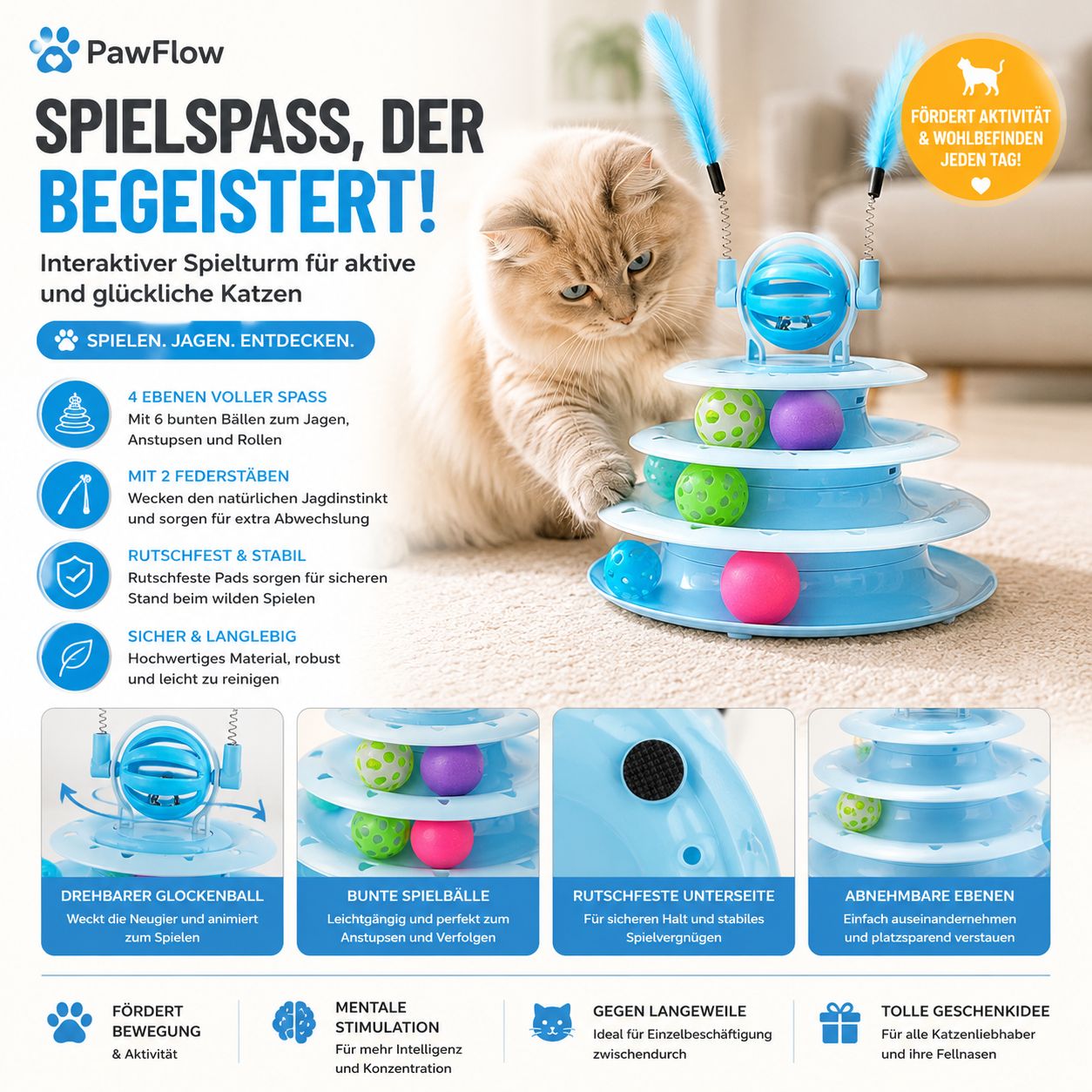 PawFlow Interaktiver Katzen-Spielturm mit Bällen & Federstäben – Spielen, Jagen & Entdecken