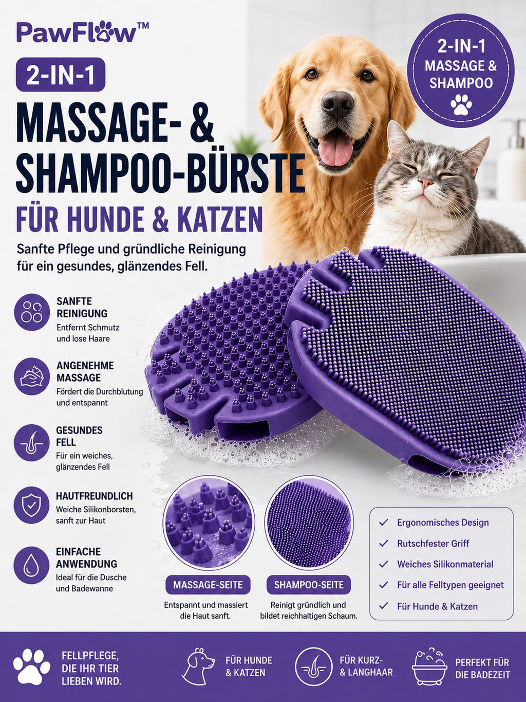 PawFlow 2-in-1 Massage- & Badebürste für Hunde & Katzen