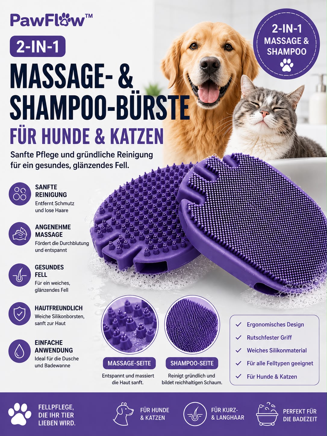 PawFlow 2-in-1 Massage- & Badebürste für Hunde & Katzen