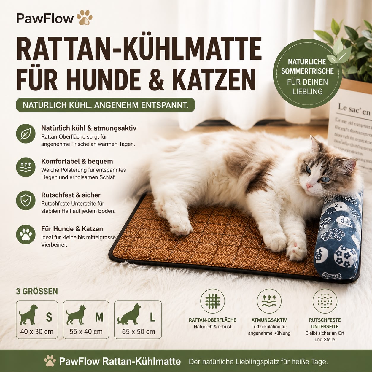PawFlow Rattan-Kühlmatte mit Nackenrolle für Hunde & Katzen – Natürlich kühl & atmungsaktiv
