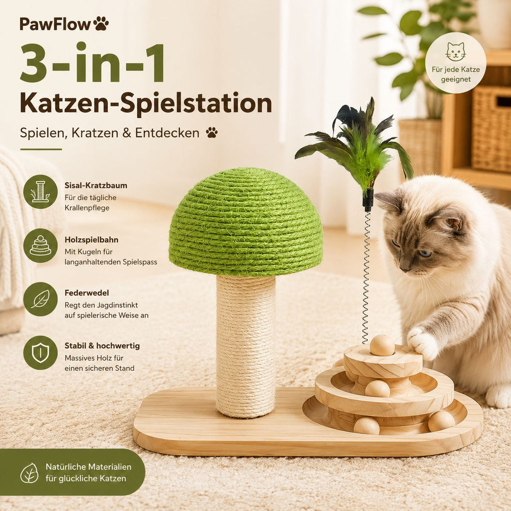 PawFlow 3-in-1 Katzen-Spielstation mit Sisal-Kratzbaum, Holzspielbahn & Federwedel – Spielen, Kratzen & Entdecken
