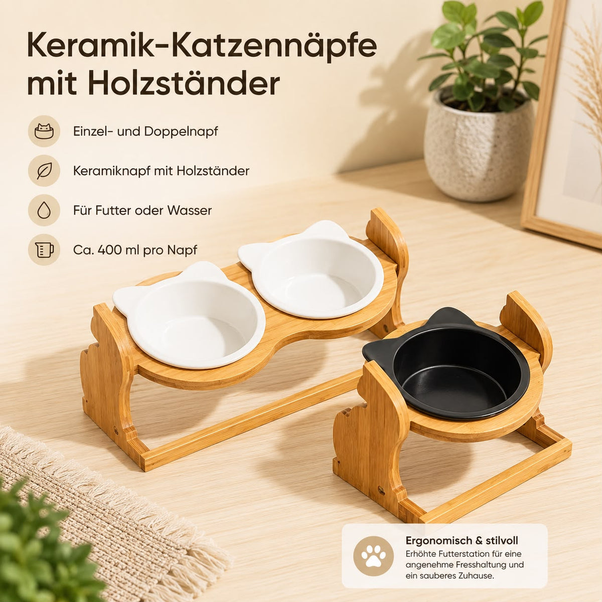 PawFlow Keramiknapf mit Eichenholz-Ständer – Single oder Doppel
