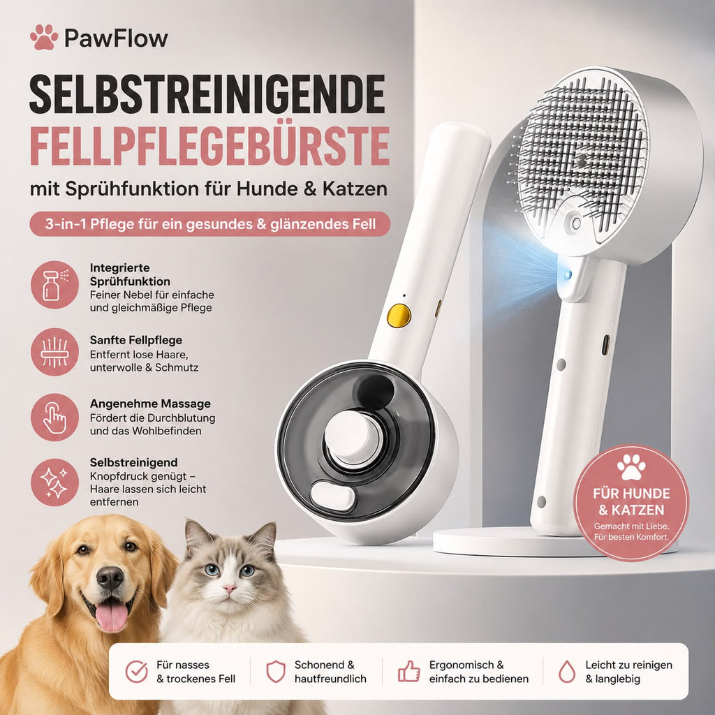 PawFlow Selbstreinigende Fellpflegebürste mit Sprühfunktion für Hunde & Katzen