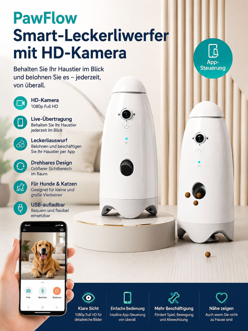 PawFlow Smart-Leckerliwerfer mit HD-Kamera – App-gesteuert für Hunde & Katzen